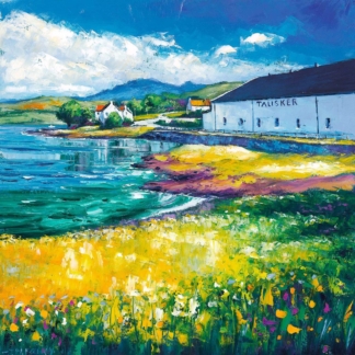 A vibrant painting of a coastal scene with a building labeled 'Talisker,' colorful wildflowers in the foreground, and mountains in the background.